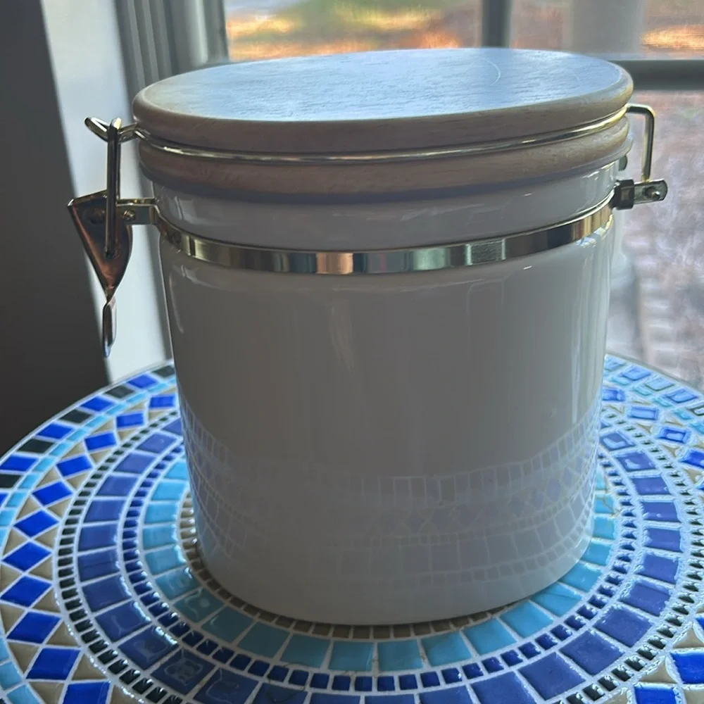 VINTAGE CANISTER LOCKING LID RAISED FRUIT DESIGN